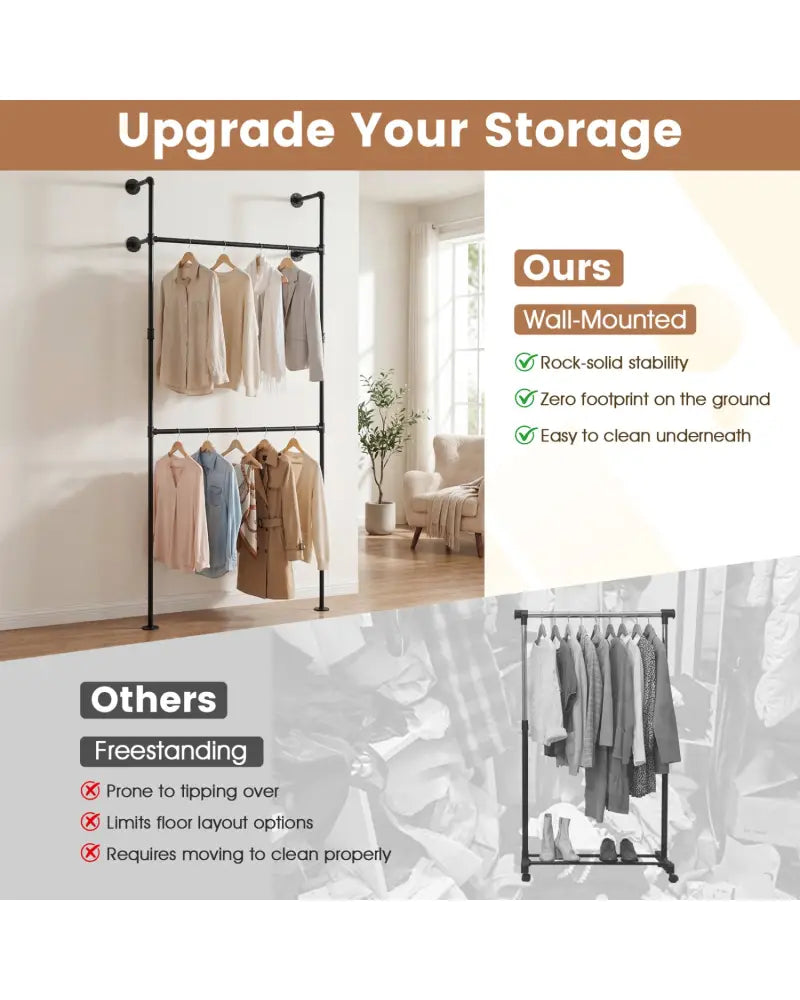 Wall Mounted Pipe Clothing Rack with 2 Hanging Rods-Black - Black - Clothing & Closet Storage