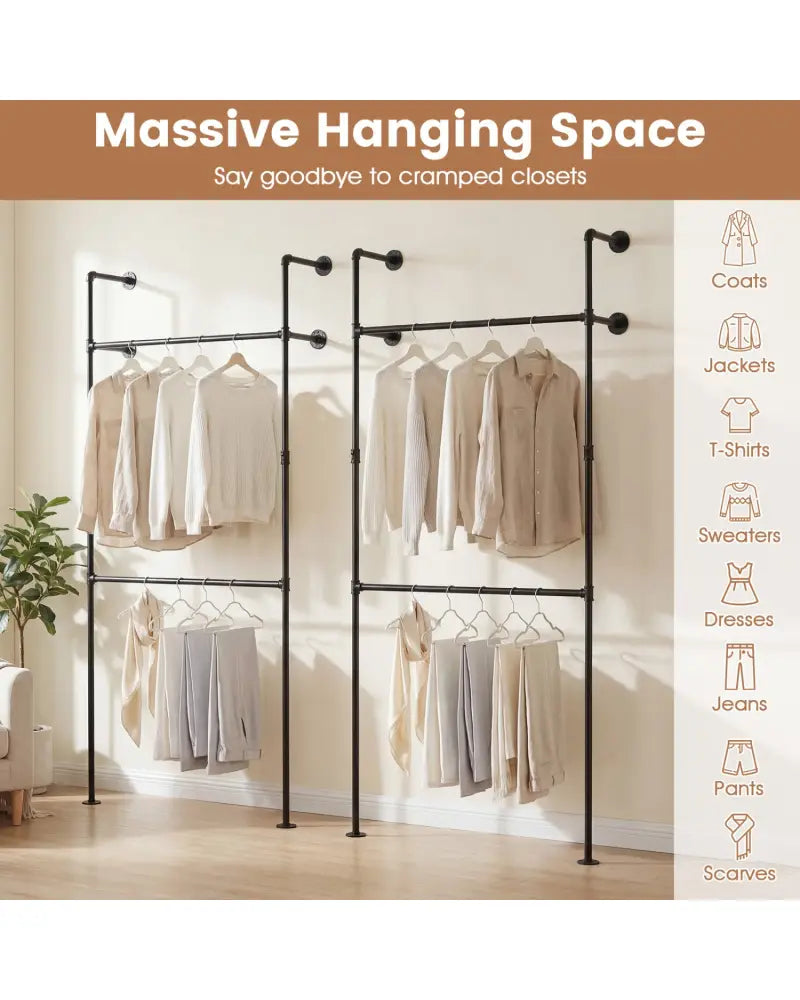 Wall Mounted Pipe Clothing Rack with 2 Hanging Rods-Black - Black - Clothing & Closet Storage