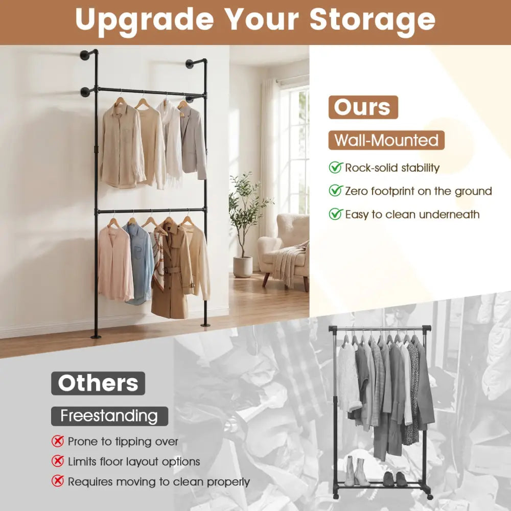 Wall Mounted Pipe Clothing Rack with 2 Hanging Rods-Black - Black - Clothing & Closet Storage
