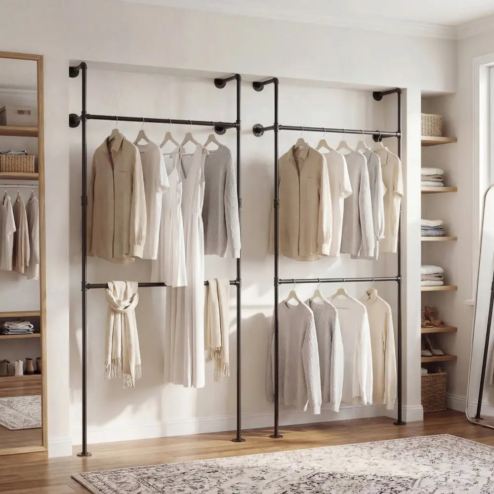 Wall Mounted Pipe Clothing Rack with 2 Hanging Rods-Black - Black - Clothing & Closet Storage