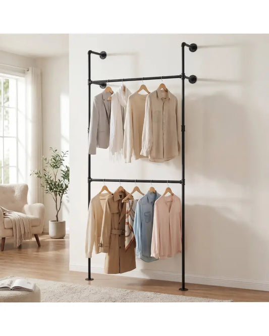 Wall Mounted Pipe Clothing Rack with 2 Hanging Rods-Black - Black - Clothing & Closet Storage