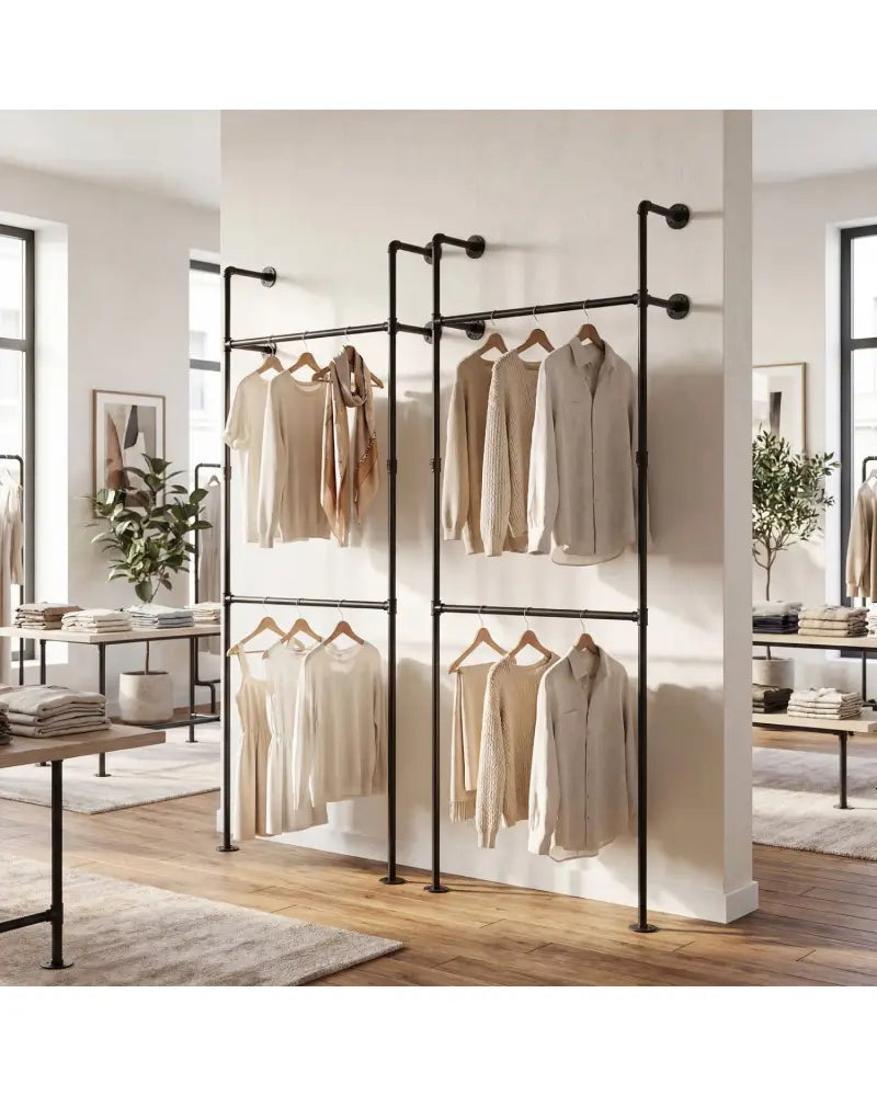 Wall Mounted Pipe Clothing Rack with 2 Hanging Rods-Black - Black - Clothing & Closet Storage