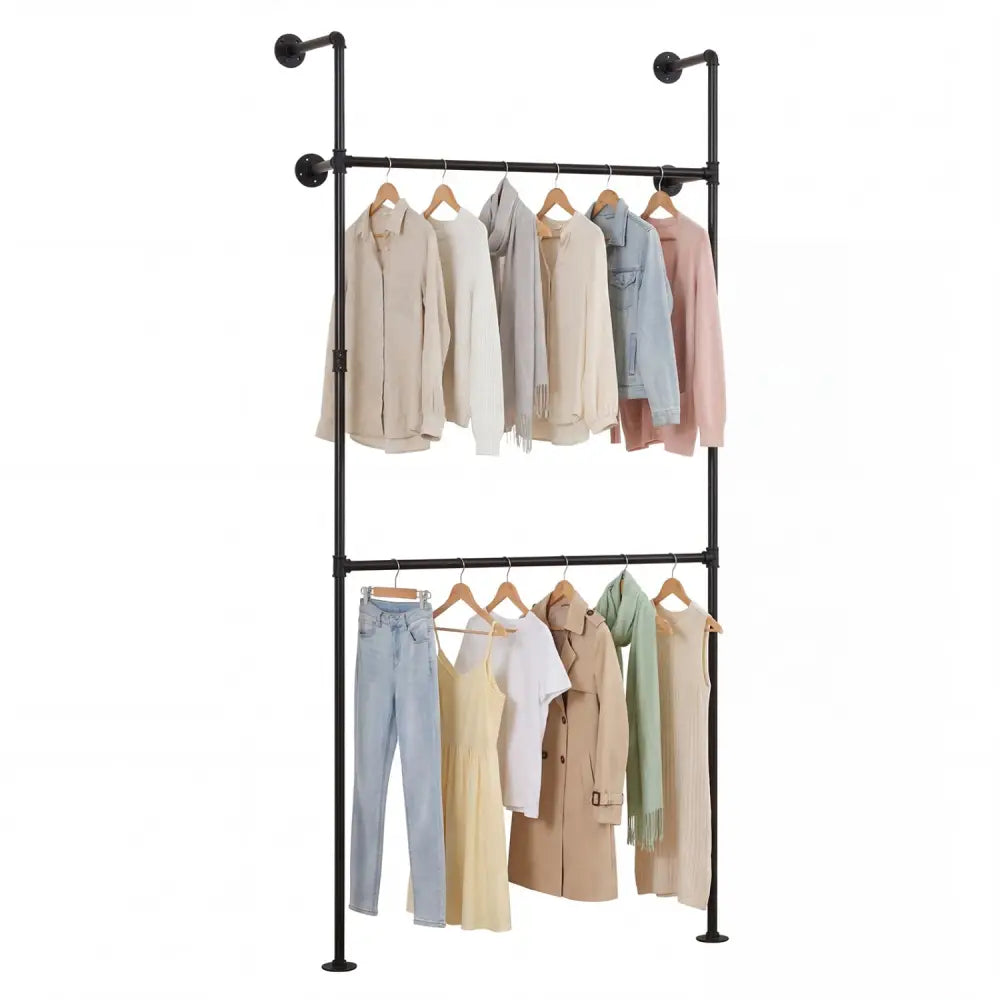 Wall Mounted Pipe Clothing Rack with 2 Hanging Rods-Black - Black - Clothing & Closet Storage