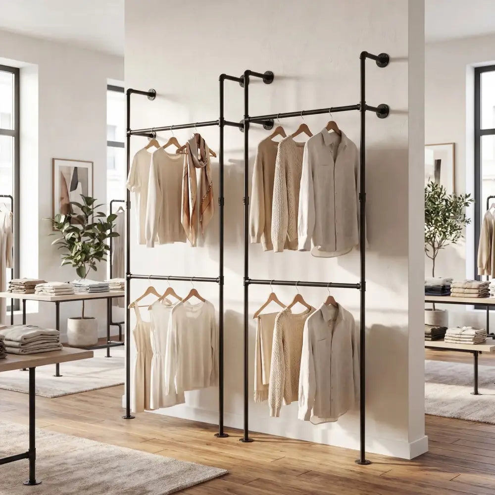 Wall Mounted Pipe Clothing Rack with 2 Hanging Rods-Black - Black - Clothing & Closet Storage