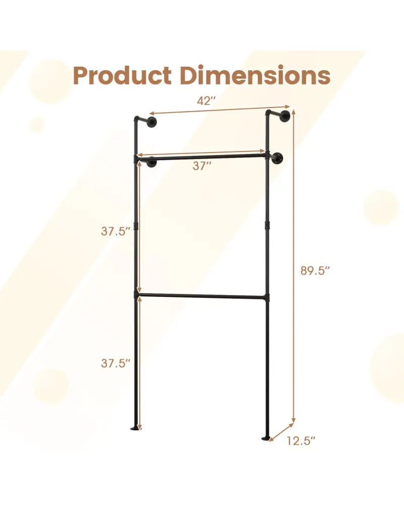 Wall Mounted Pipe Clothing Rack with 2 Hanging Rods-Black - Black - Clothing & Closet Storage