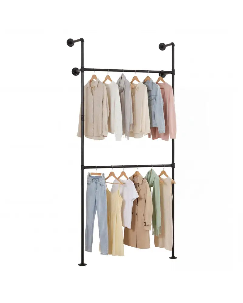 Wall Mounted Pipe Clothing Rack with 2 Hanging Rods-Black - Black - Clothing & Closet Storage