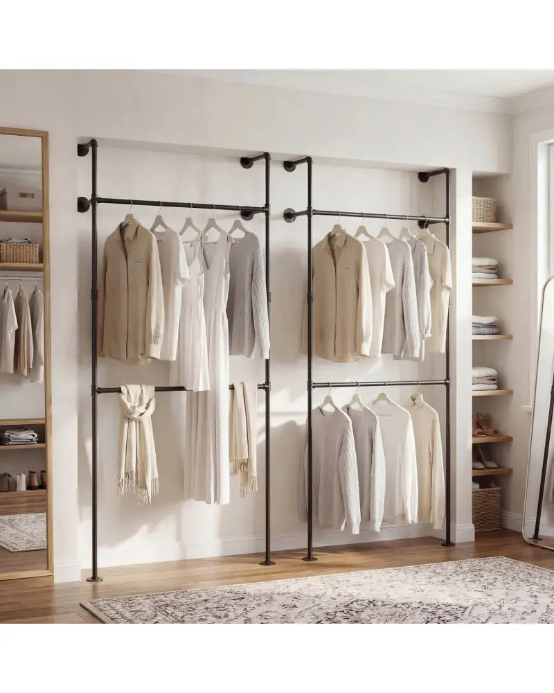 Wall Mounted Pipe Clothing Rack with 2 Hanging Rods-Black - Black - Clothing & Closet Storage