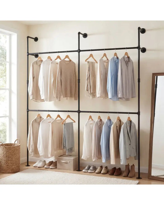 Wall Mounted Pipe Clothing Rack with 4 Hanging Rods-Black - Black - Clothing & Closet Storage