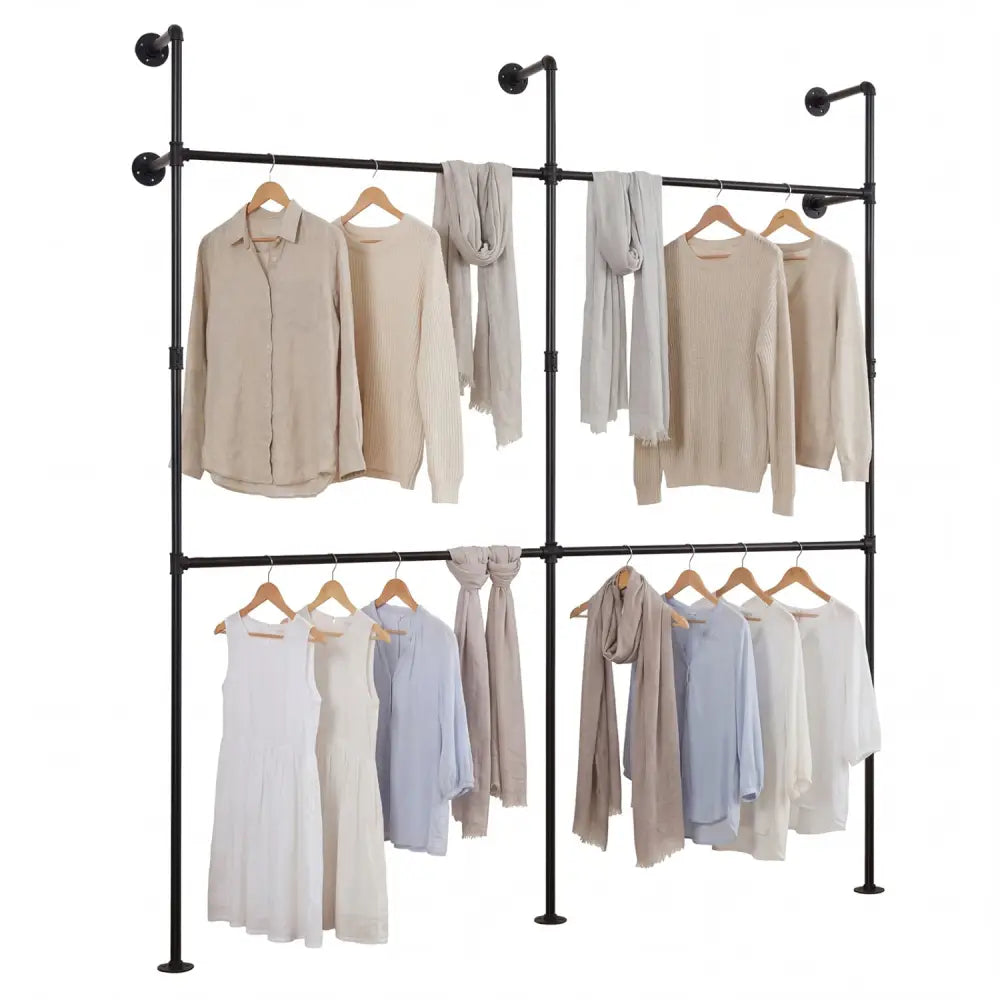 Wall Mounted Pipe Clothing Rack with 4 Hanging Rods-Black - Black - Clothing & Closet Storage