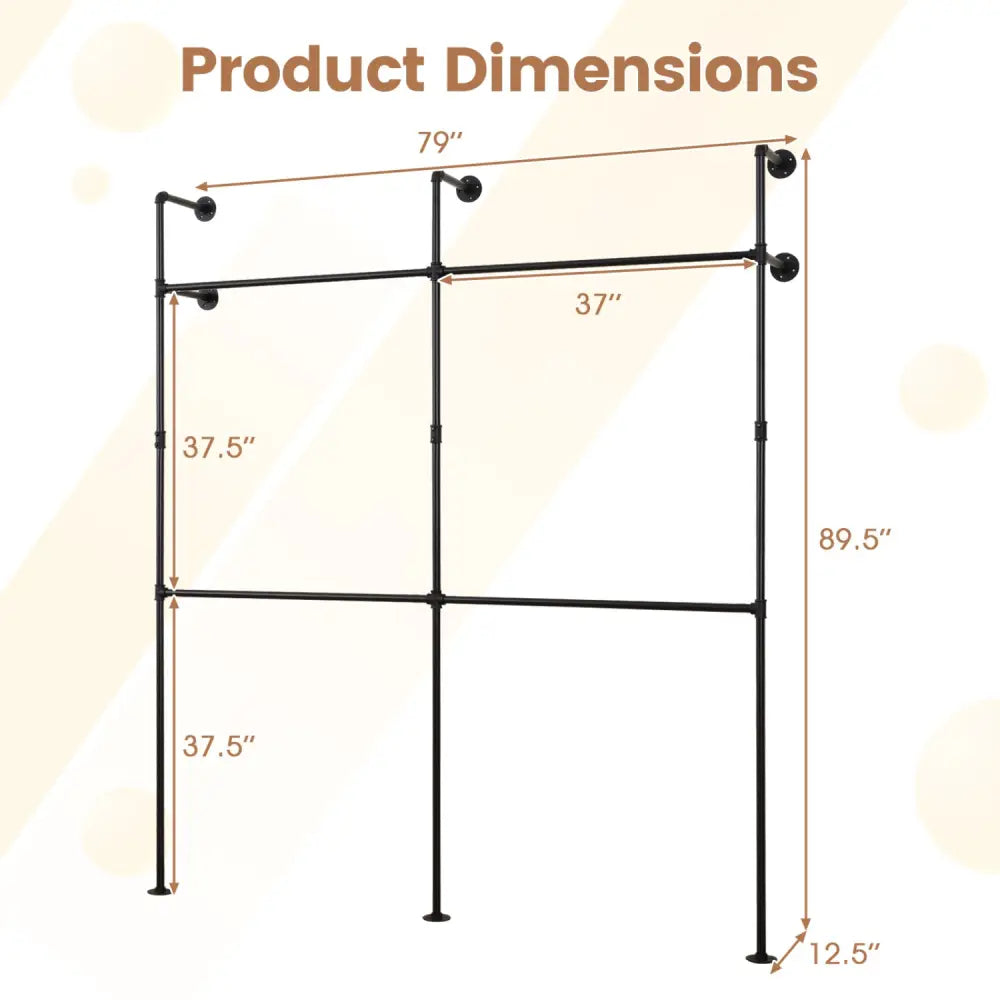 Wall Mounted Pipe Clothing Rack with 4 Hanging Rods-Black - Black - Clothing & Closet Storage