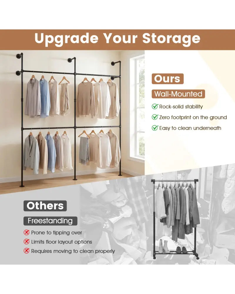 Wall Mounted Pipe Clothing Rack with 4 Hanging Rods-Black - Black - Clothing & Closet Storage