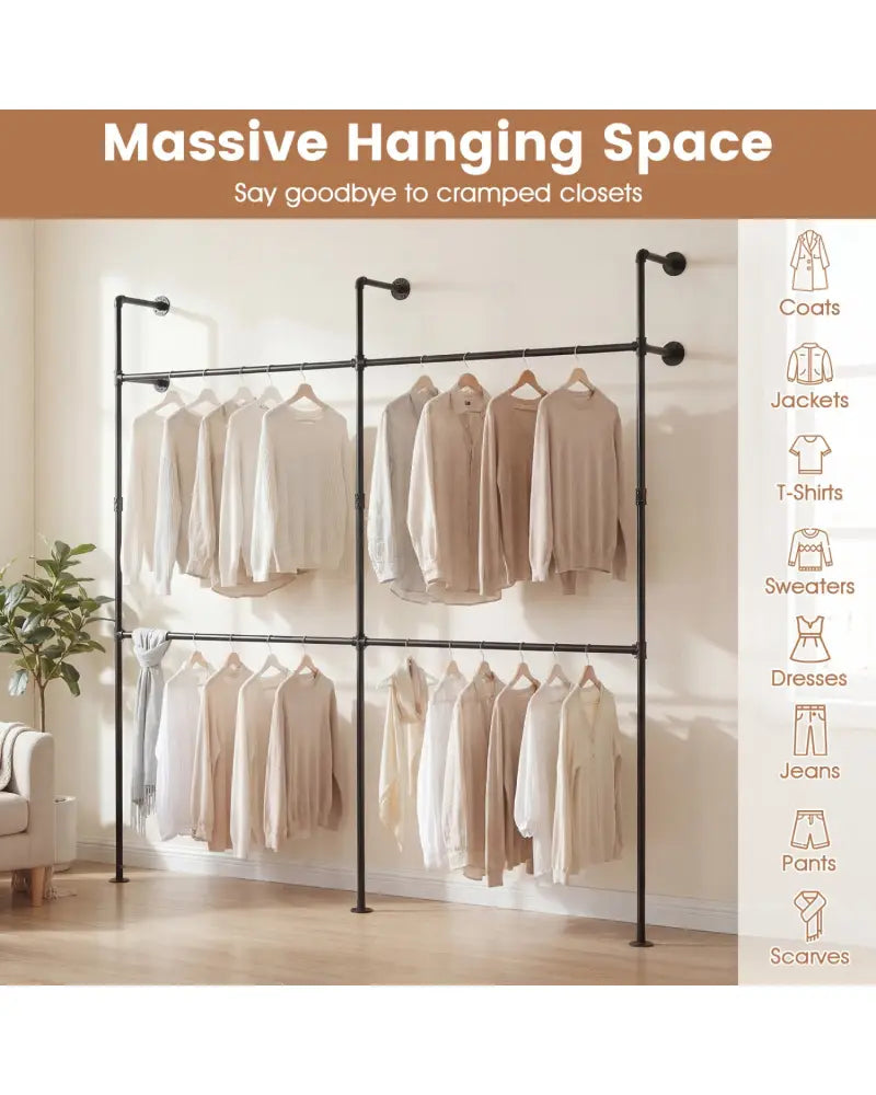 Wall Mounted Pipe Clothing Rack with 4 Hanging Rods-Black - Black - Clothing & Closet Storage