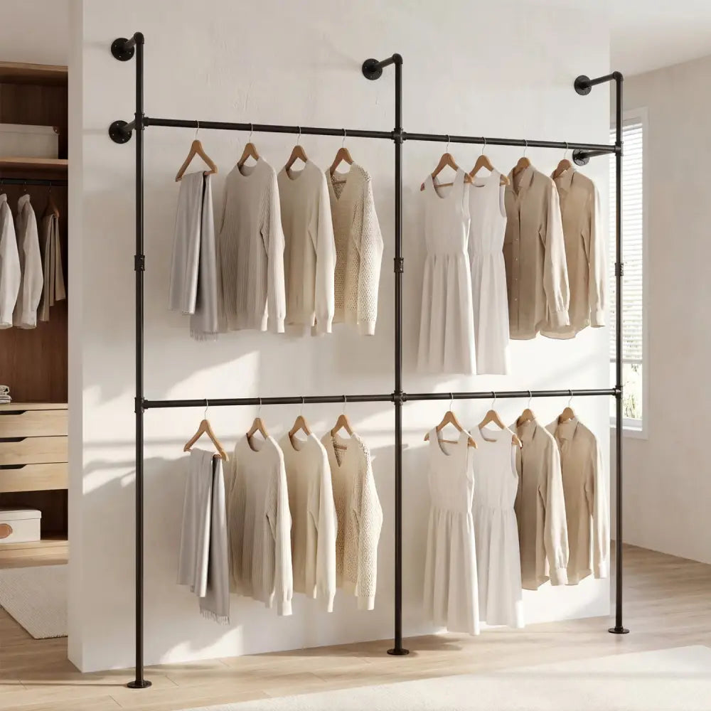 Wall Mounted Pipe Clothing Rack with 4 Hanging Rods-Black - Black - Clothing & Closet Storage