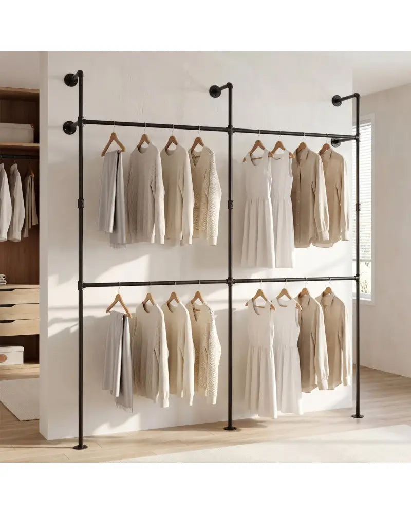 Wall Mounted Pipe Clothing Rack with 4 Hanging Rods-Black - Black - Clothing & Closet Storage