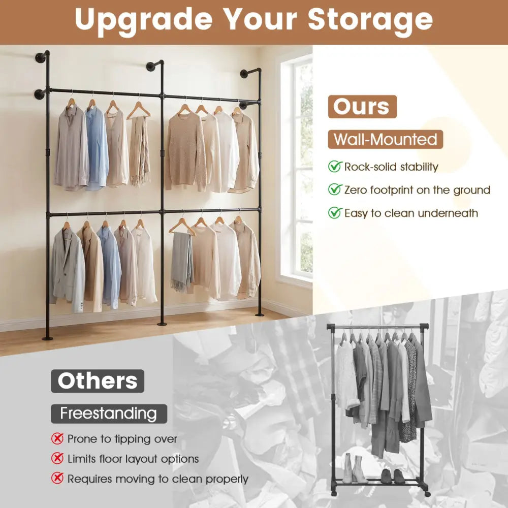 Wall Mounted Pipe Clothing Rack with 4 Hanging Rods-Black - Black - Clothing & Closet Storage