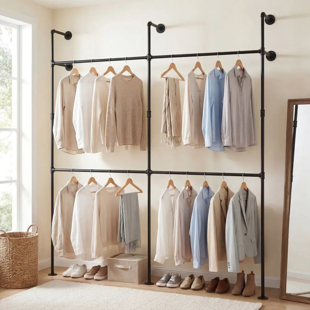 Wall Mounted Pipe Clothing Rack with 4 Hanging Rods-Black - Black - Clothing & Closet Storage