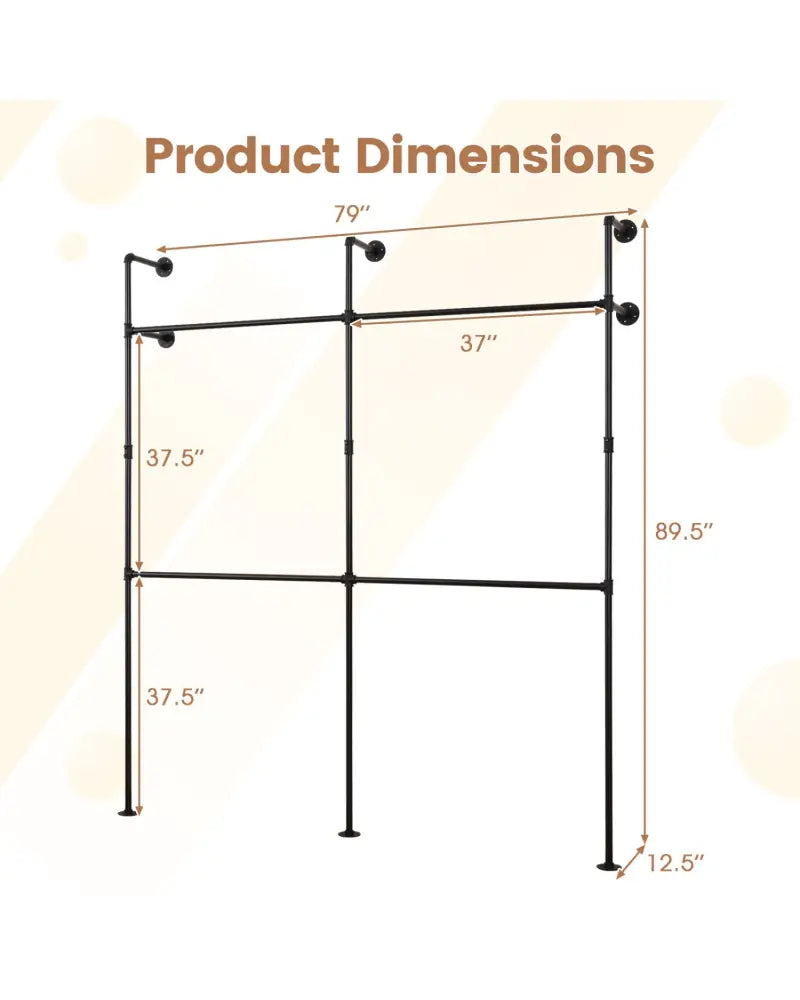 Wall Mounted Pipe Clothing Rack with 4 Hanging Rods-Black - Black - Clothing & Closet Storage