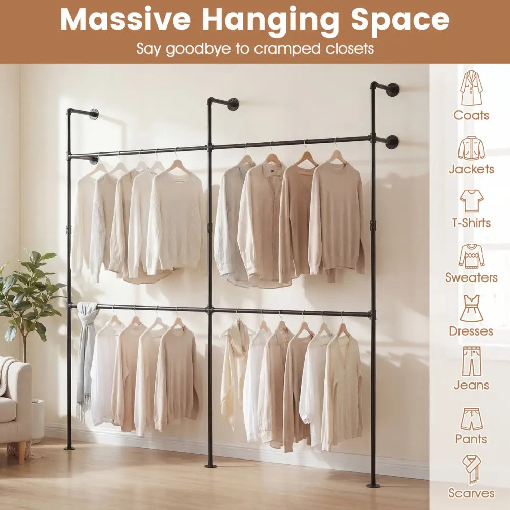 Wall Mounted Pipe Clothing Rack with 4 Hanging Rods-Black - Black - Clothing & Closet Storage