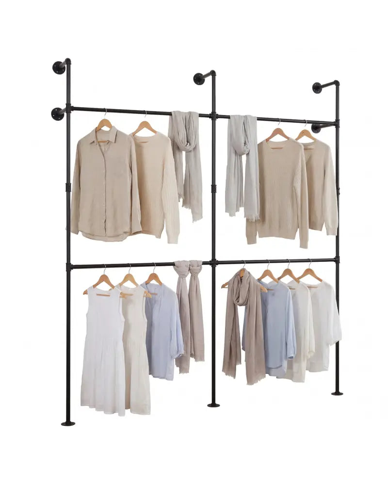 Wall Mounted Pipe Clothing Rack with 4 Hanging Rods-Black - Black - Clothing & Closet Storage