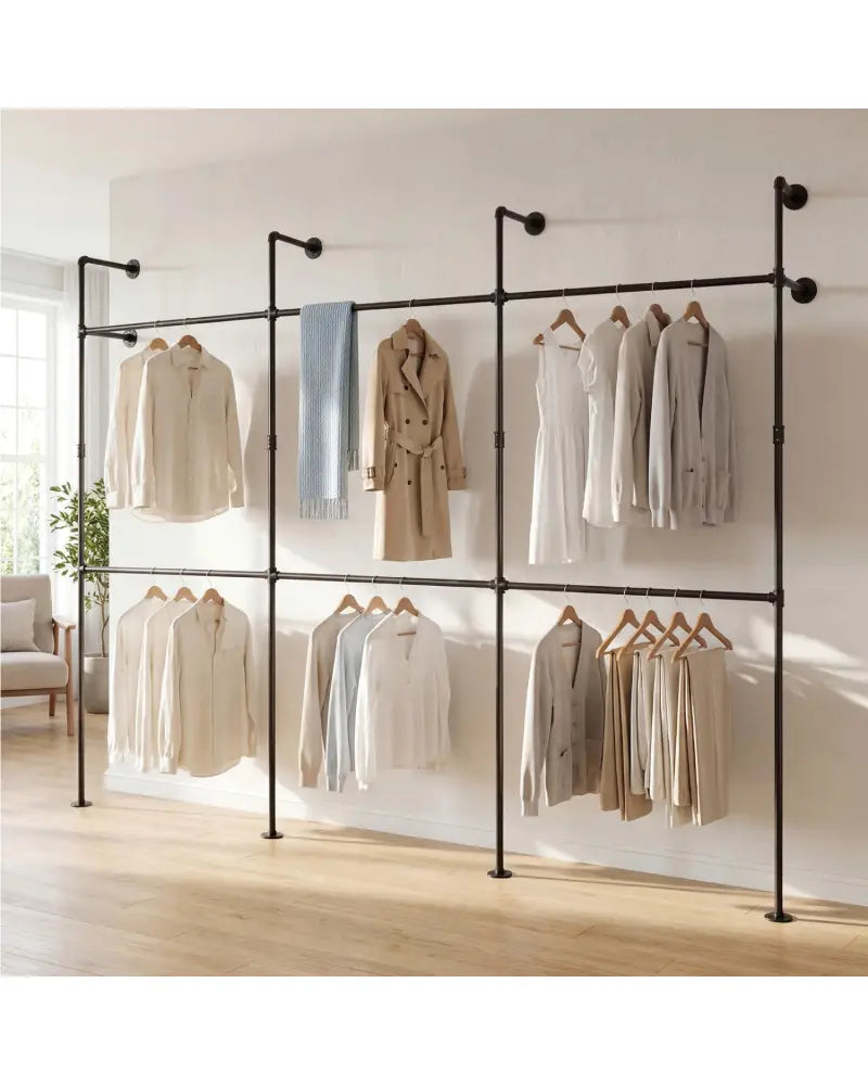 Wall Mounted Pipe Clothing Rack with 6 Hanging Rods-Black - Black - Clothing & Closet Storage