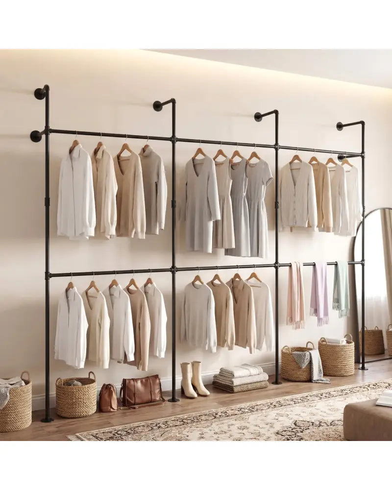 Wall Mounted Pipe Clothing Rack with 6 Hanging Rods-Black - Black - Clothing & Closet Storage