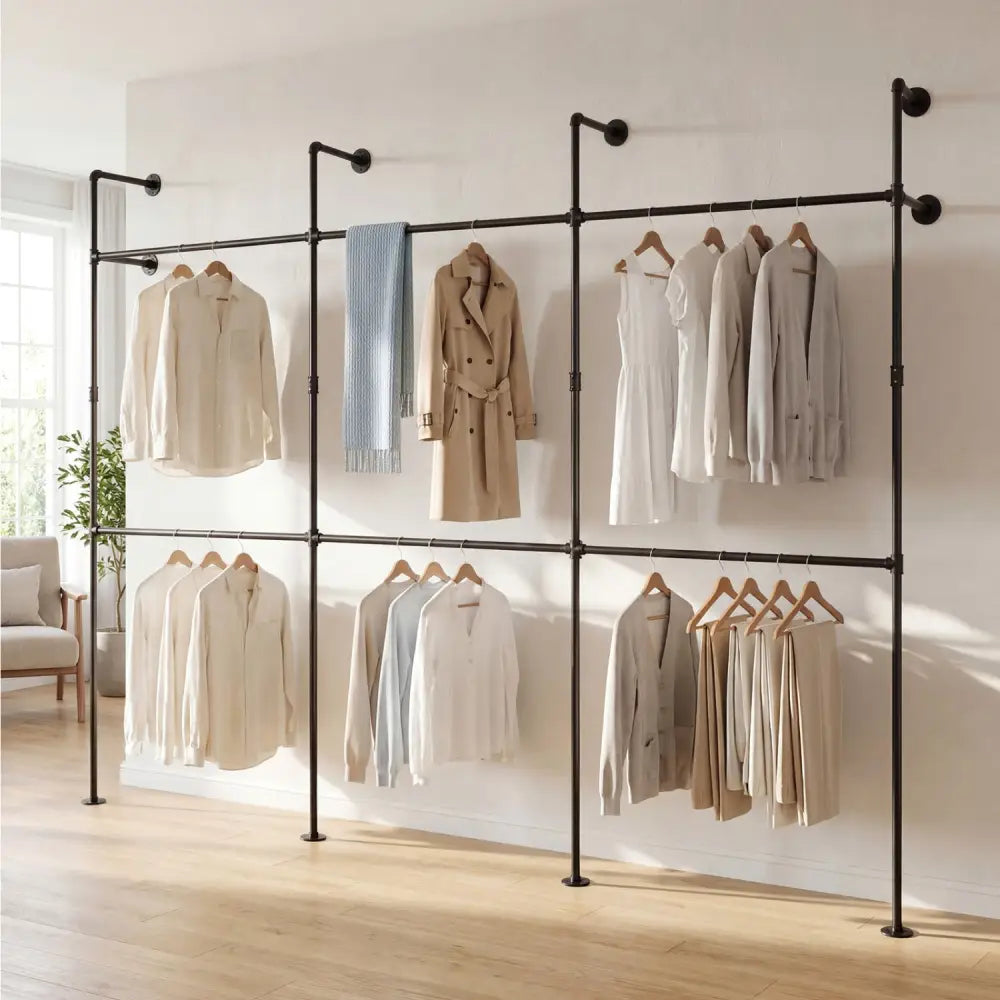 Wall Mounted Pipe Clothing Rack with 6 Hanging Rods-Black - Black - Clothing & Closet Storage