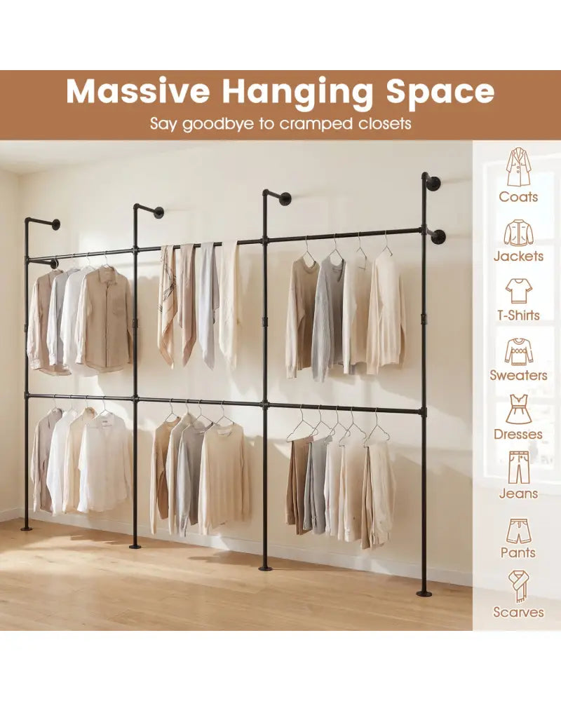 Wall Mounted Pipe Clothing Rack with 6 Hanging Rods-Black - Black - Clothing & Closet Storage