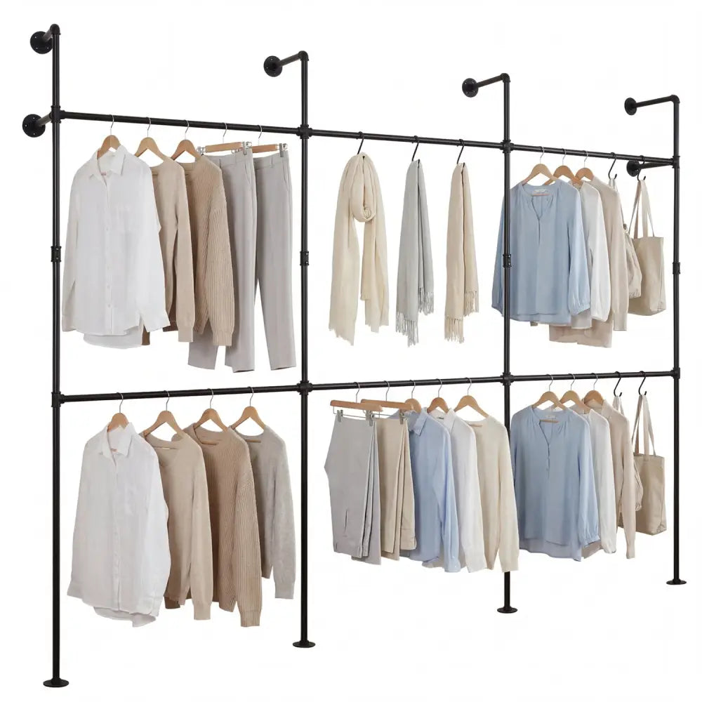Wall Mounted Pipe Clothing Rack with 6 Hanging Rods-Black - Black - Clothing & Closet Storage
