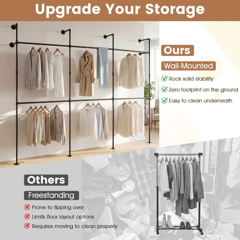 Wall Mounted Pipe Clothing Rack with 6 Hanging Rods-Black - Black - Clothing & Closet Storage