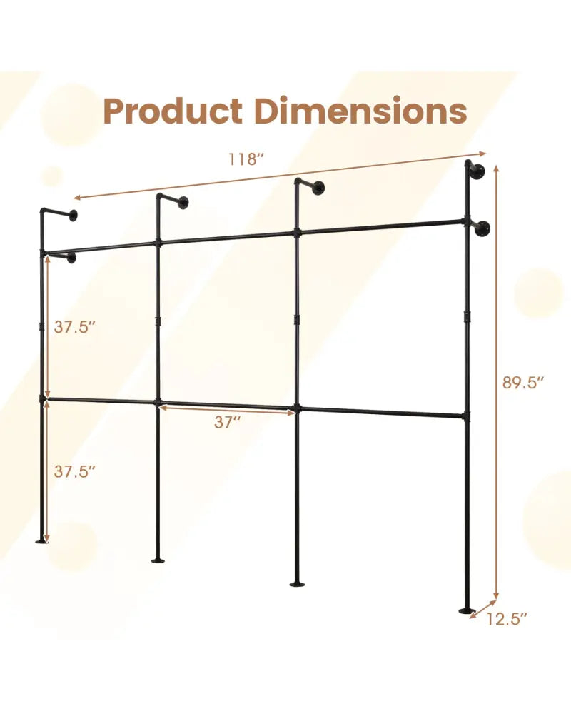 Wall Mounted Pipe Clothing Rack with 6 Hanging Rods-Black - Black - Clothing & Closet Storage