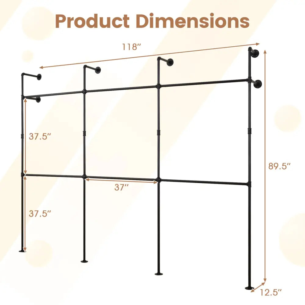Wall Mounted Pipe Clothing Rack with 6 Hanging Rods-Black - Black - Clothing & Closet Storage