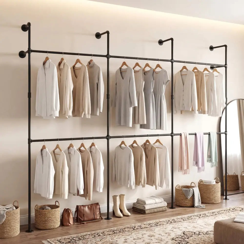 Wall Mounted Pipe Clothing Rack with 6 Hanging Rods-Black - Black - Clothing & Closet Storage