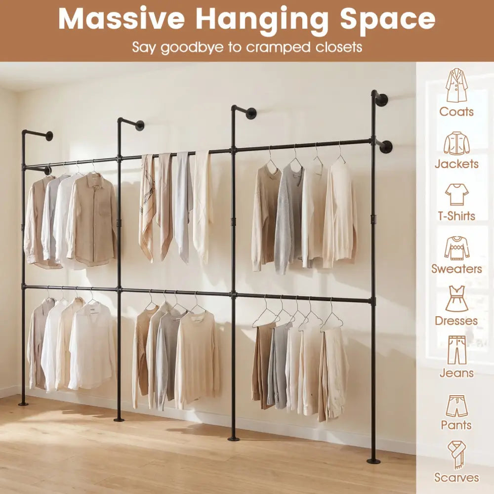 Wall Mounted Pipe Clothing Rack with 6 Hanging Rods-Black - Black - Clothing & Closet Storage