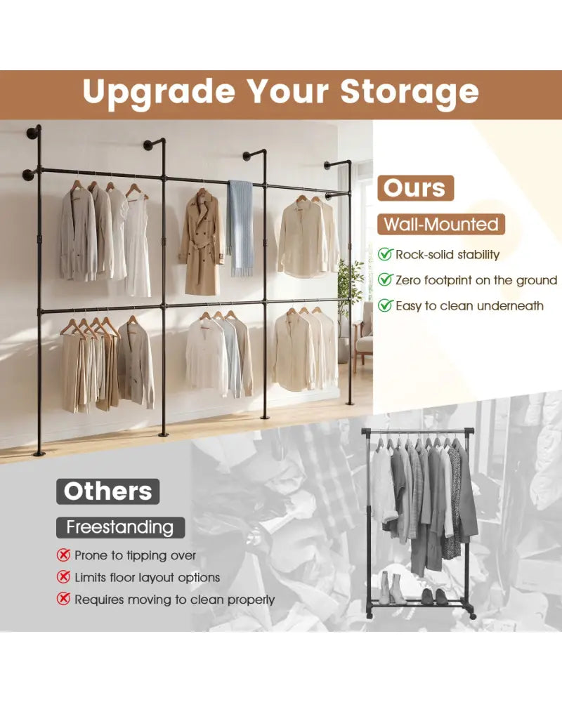 Wall Mounted Pipe Clothing Rack with 6 Hanging Rods-Black - Black - Clothing & Closet Storage