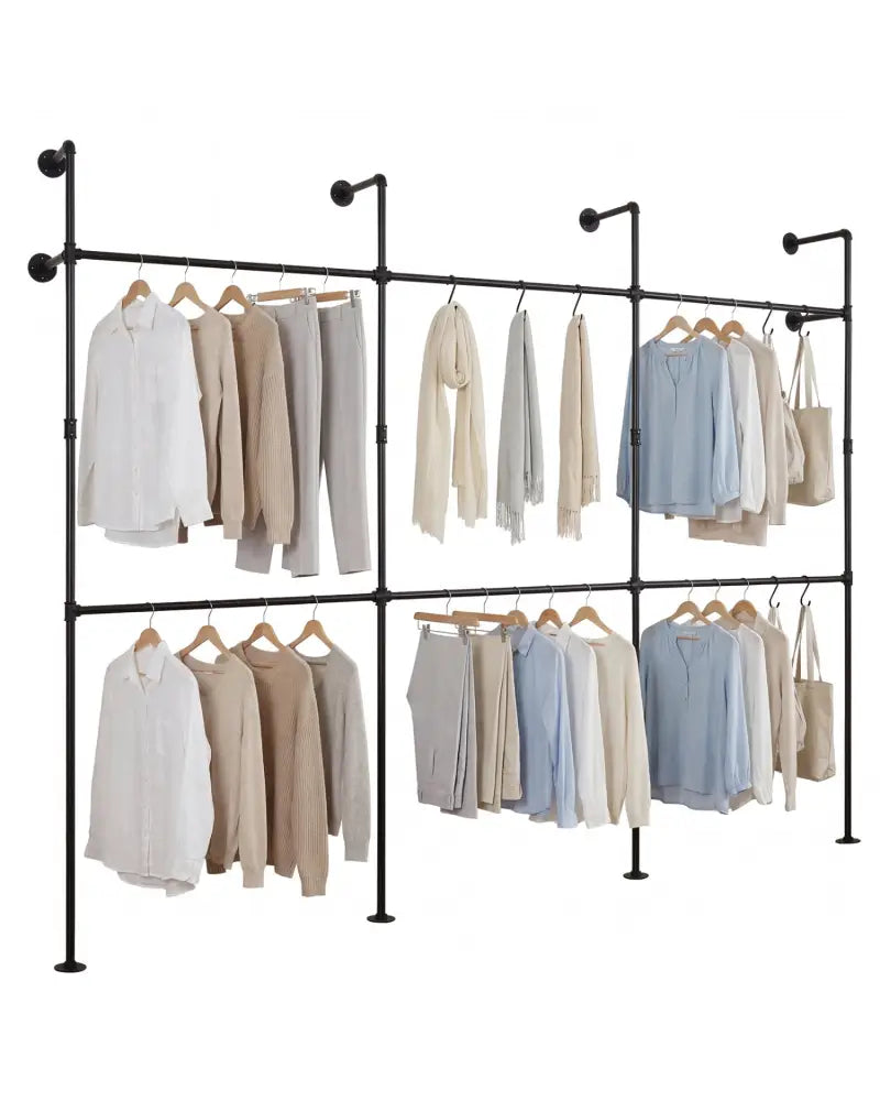 Wall Mounted Pipe Clothing Rack with 6 Hanging Rods-Black - Black - Clothing & Closet Storage