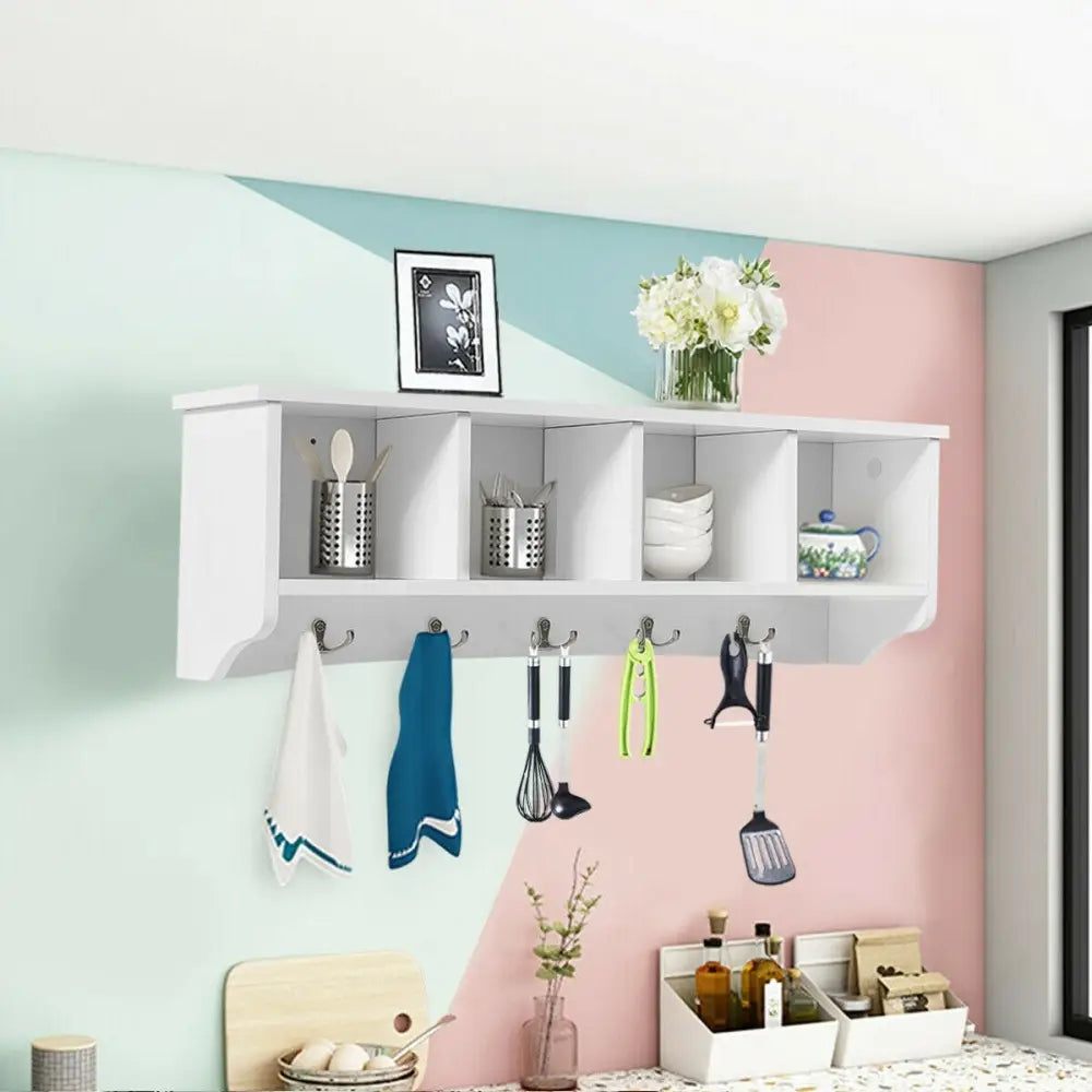 Wall-Mounted Storage Cabinet Hanging Entryway Shelf Coat Rack - White - Coat Racks & Hall Trees