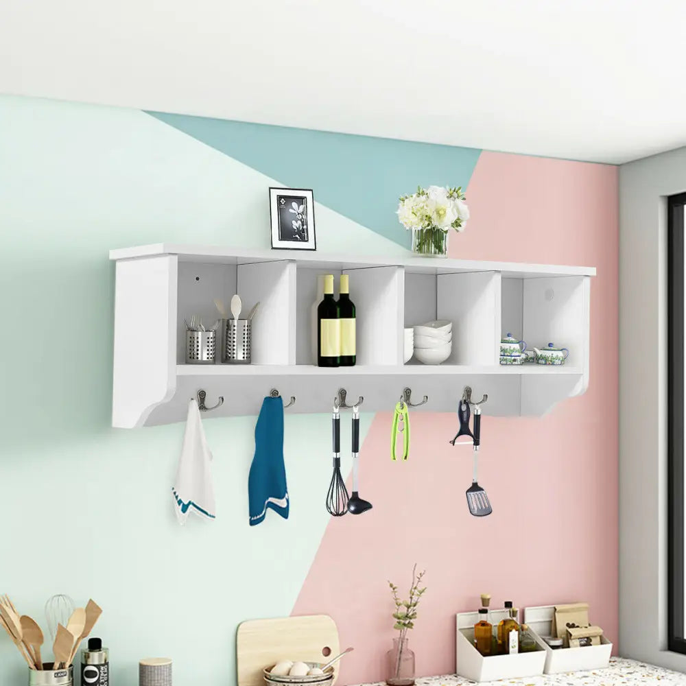Wall-Mounted Storage Cabinet Hanging Entryway Shelf Coat Rack - White - Coat Racks & Hall Trees