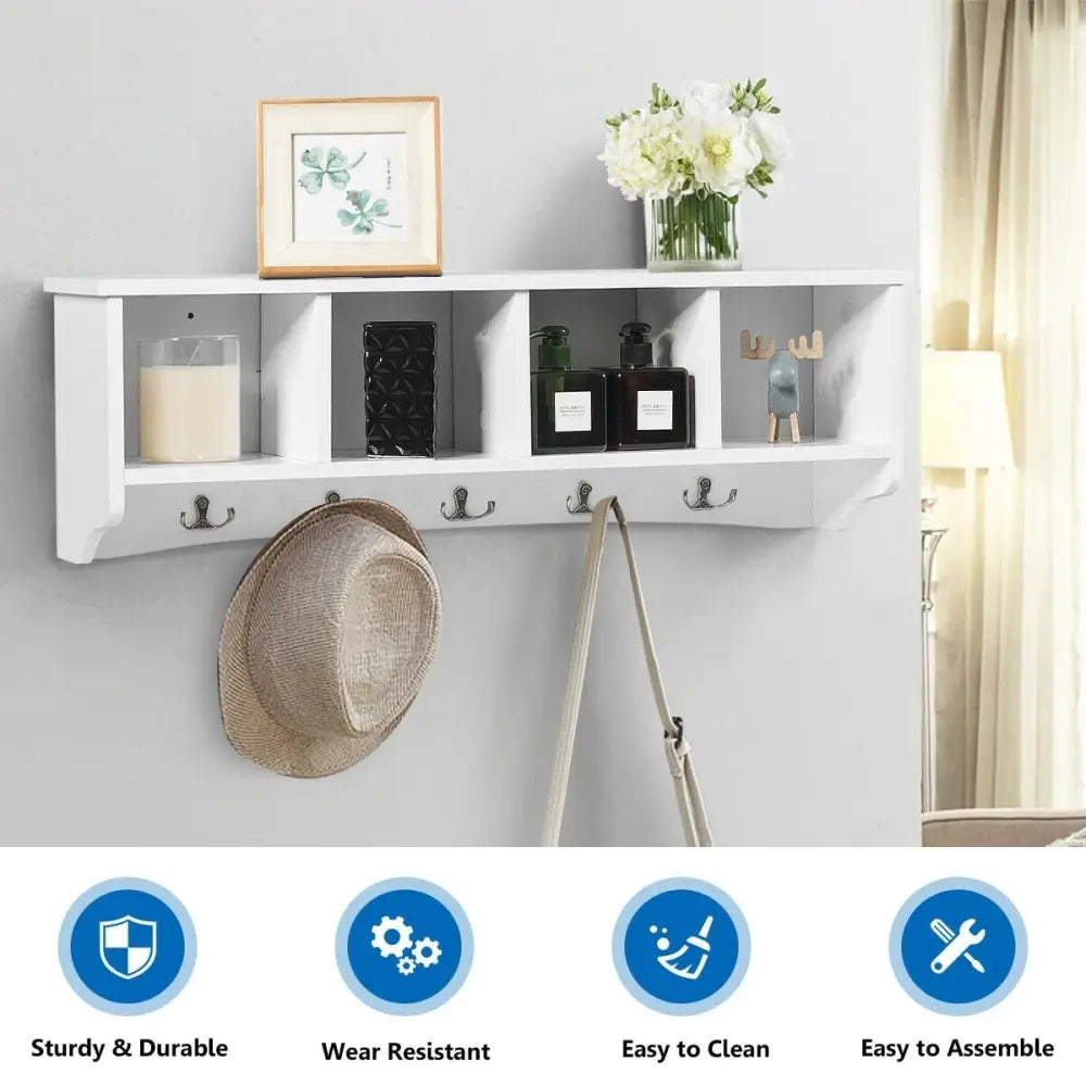 Wall-Mounted Storage Cabinet Hanging Entryway Shelf Coat Rack - White - Coat Racks & Hall Trees