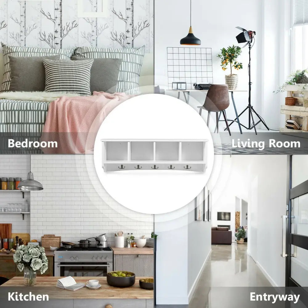 Wall-Mounted Storage Cabinet Hanging Entryway Shelf Coat Rack - White - Coat Racks & Hall Trees