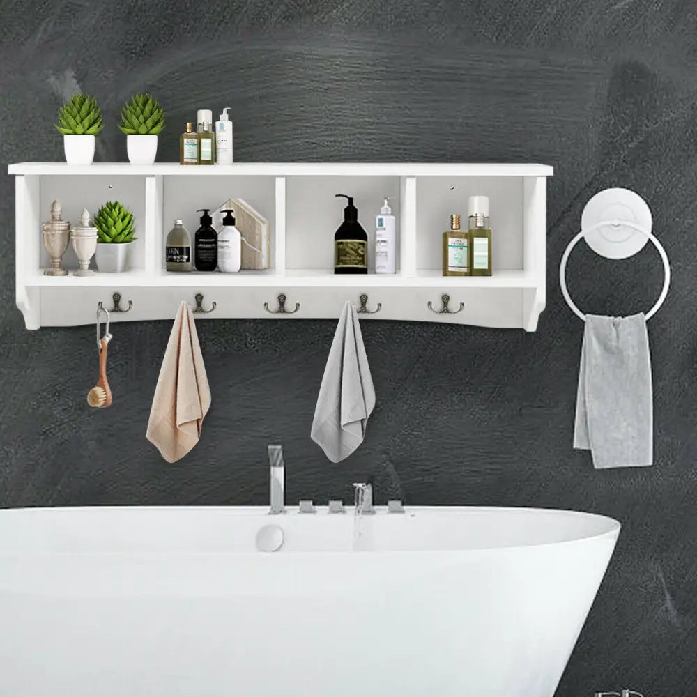 Wall-Mounted Storage Cabinet Hanging Entryway Shelf Coat Rack - White - Coat Racks & Hall Trees