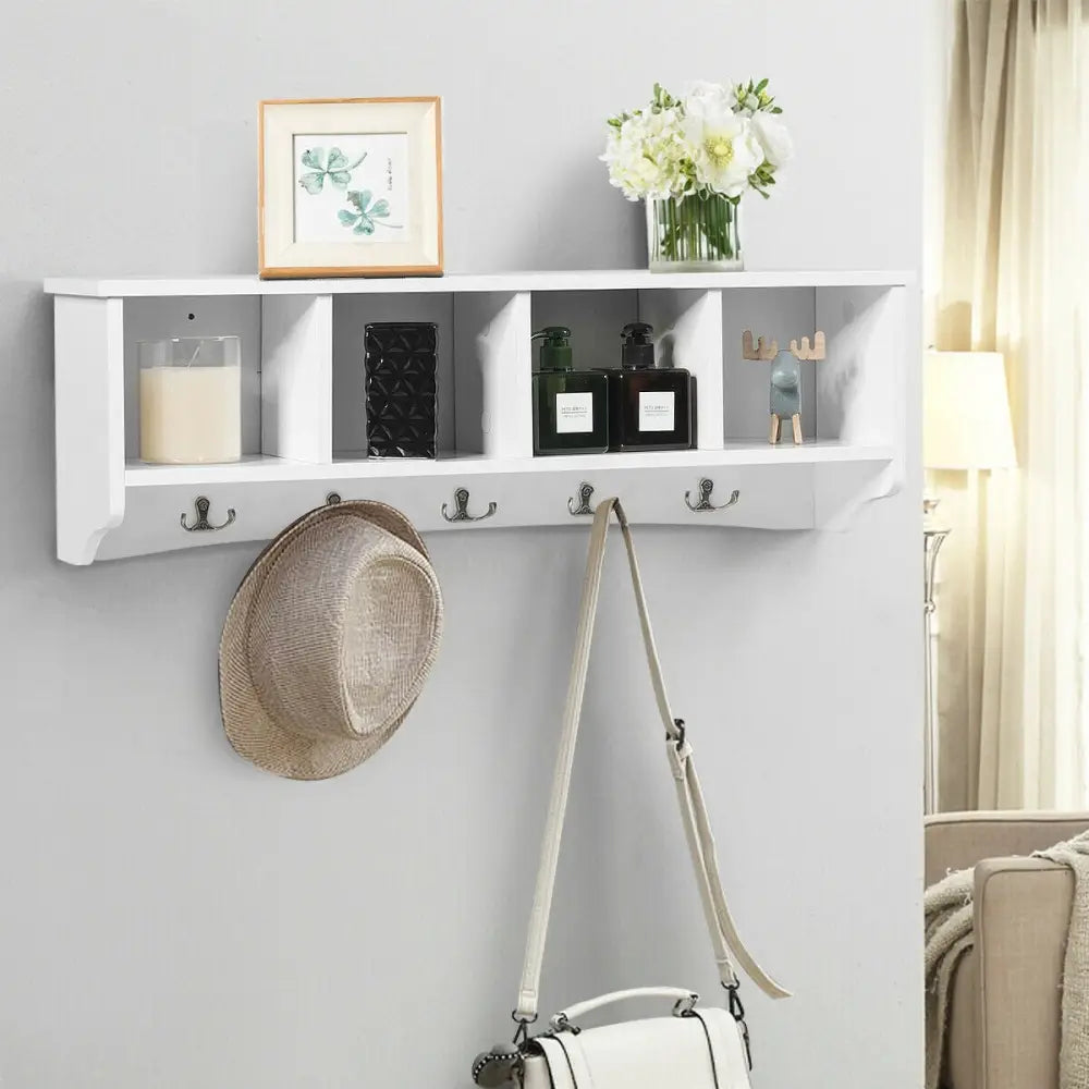 Wall-Mounted Storage Cabinet Hanging Entryway Shelf Coat Rack - White - Coat Racks & Hall Trees