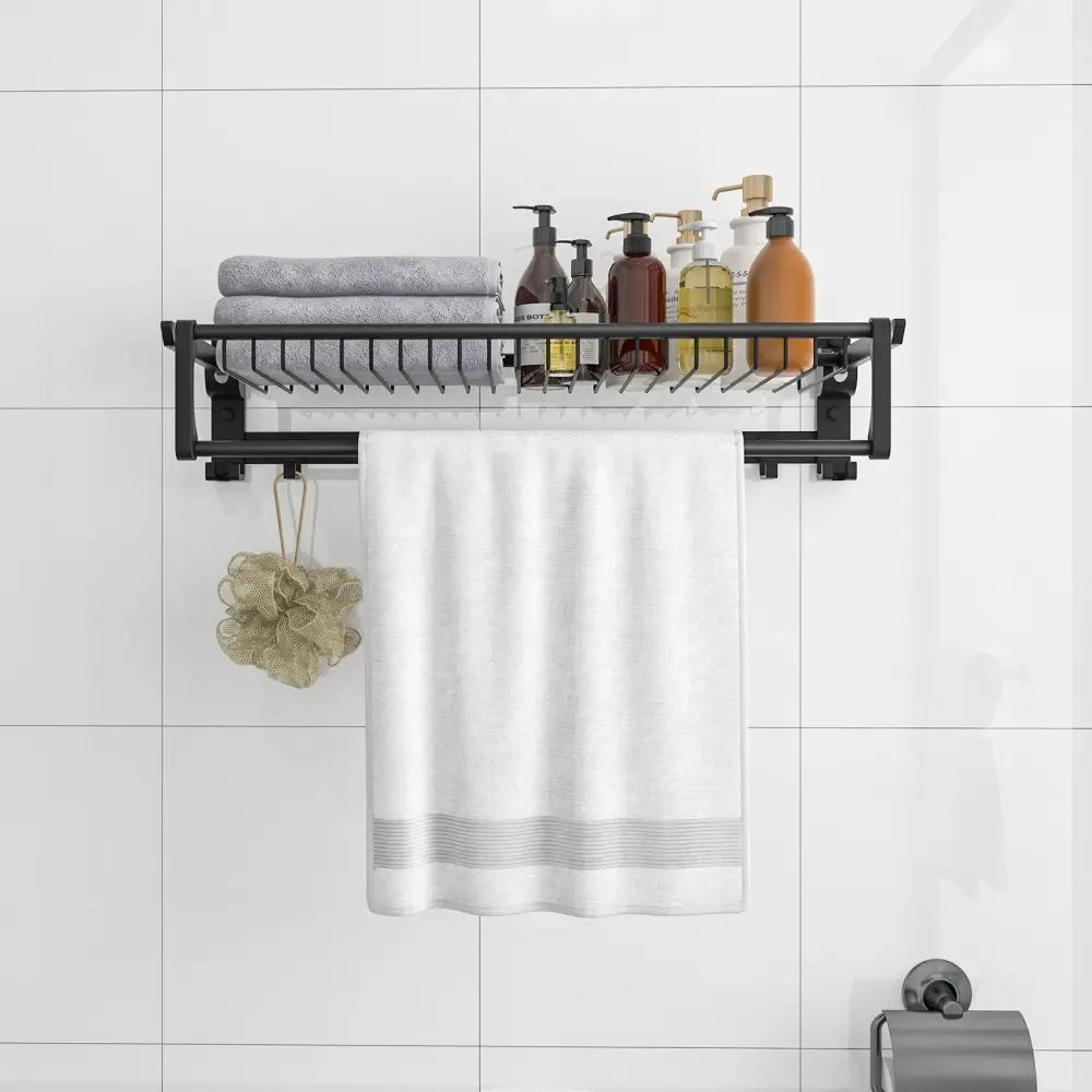Wall Mounted Towel Shelf with Adjustable Towel Bar and Movable Hooks No Assembly Required - Towel Racks
