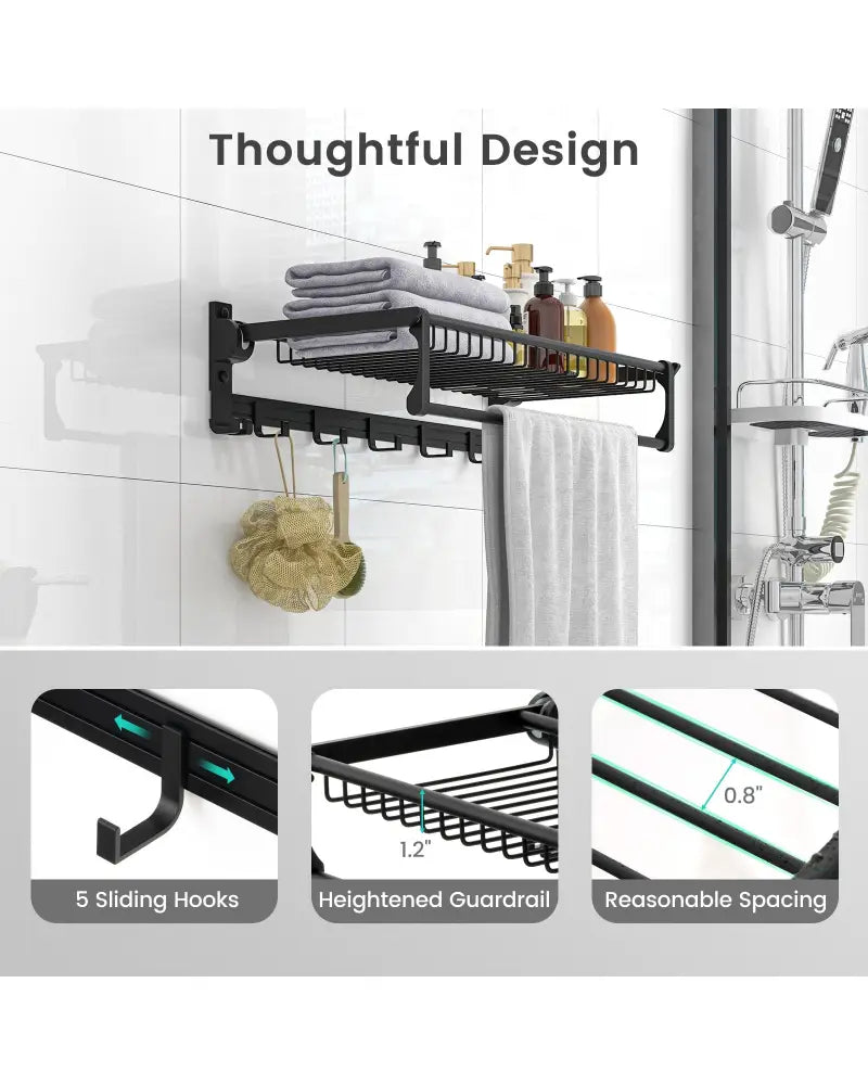 Wall Mounted Towel Shelf with Adjustable Towel Bar and Movable Hooks No Assembly Required - Towel Racks