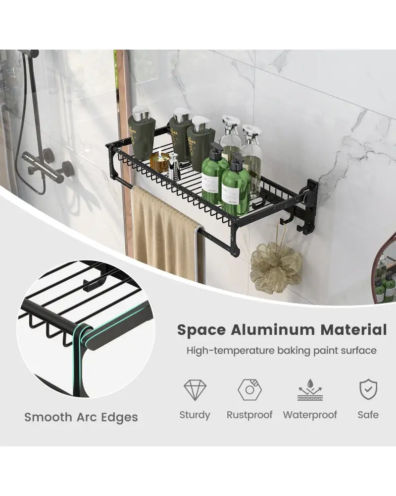 Wall Mounted Towel Shelf with Adjustable Towel Bar and Movable Hooks No Assembly Required - Towel Racks