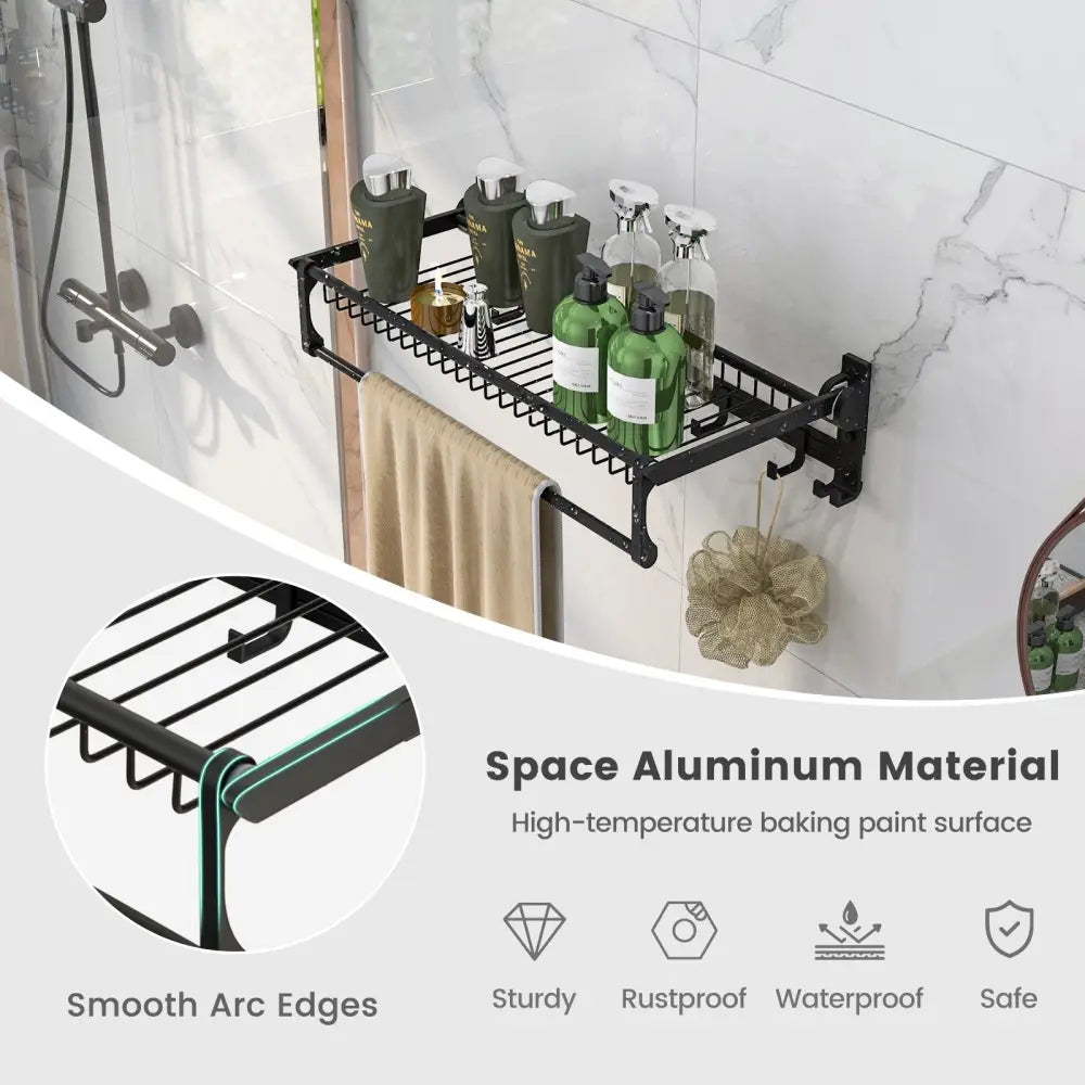 Wall Mounted Towel Shelf with Adjustable Towel Bar and Movable Hooks No Assembly Required - Towel Racks