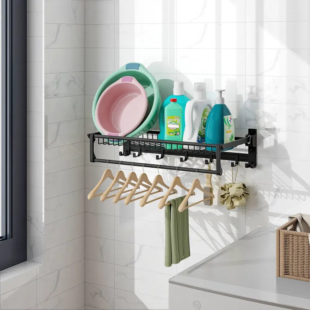 Wall Mounted Towel Shelf with Adjustable Towel Bar and Movable Hooks No Assembly Required - Towel Racks