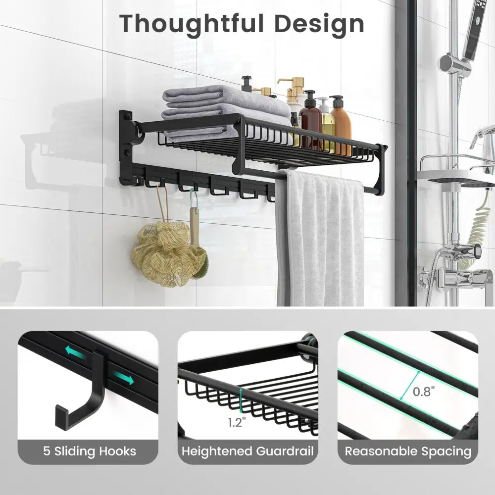 Wall Mounted Towel Shelf with Adjustable Towel Bar and Movable Hooks No Assembly Required - Towel Racks
