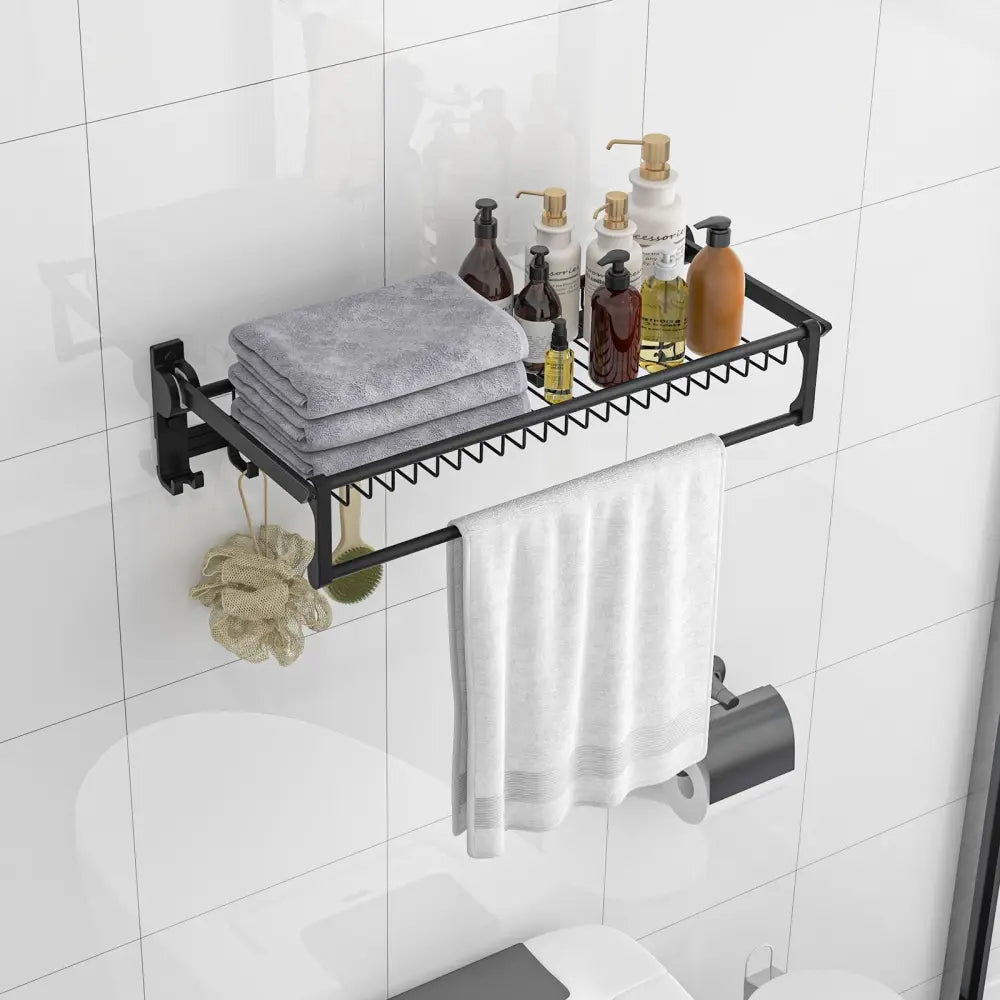 Wall Mounted Towel Shelf with Adjustable Towel Bar and Movable Hooks No Assembly Required - Towel Racks