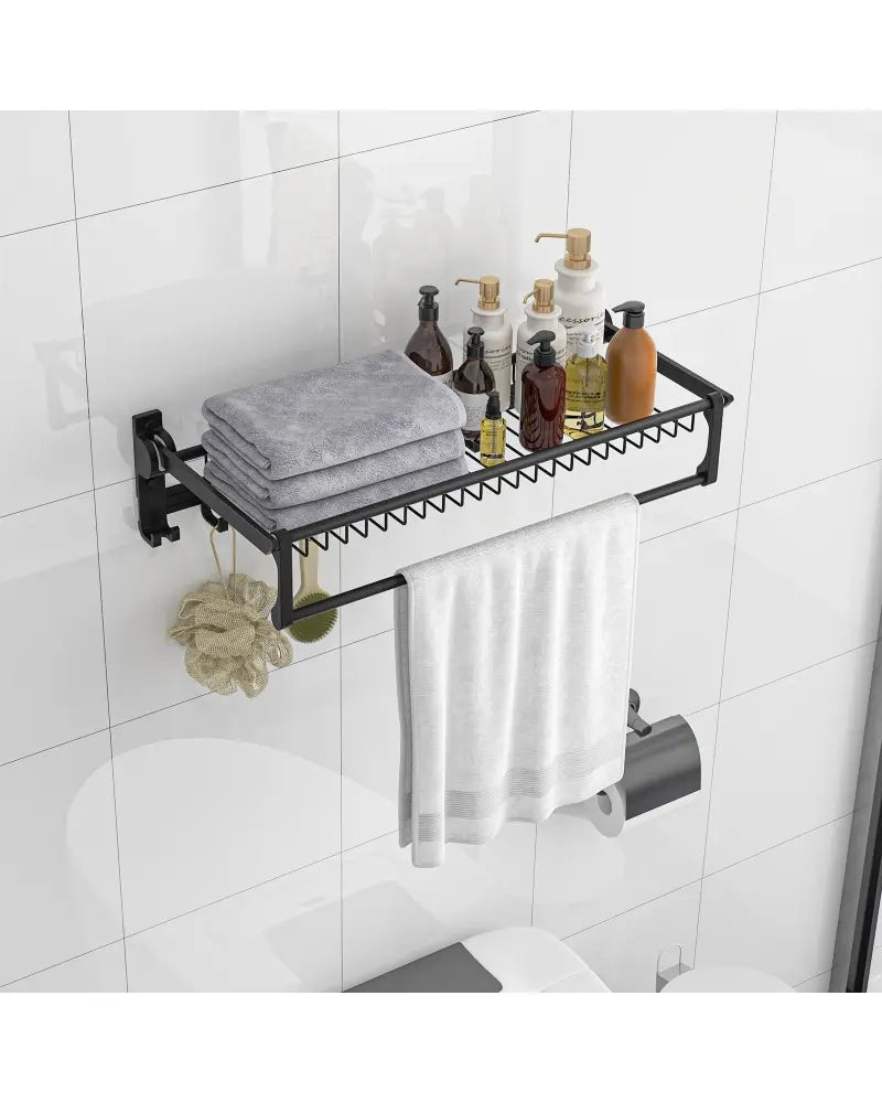 Wall Mounted Towel Shelf with Adjustable Towel Bar and Movable Hooks No Assembly Required - Towel Racks