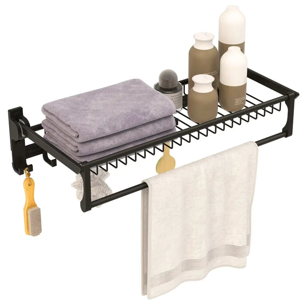 Wall Mounted Towel Shelf with Adjustable Towel Bar and Movable Hooks No Assembly Required - Towel Racks